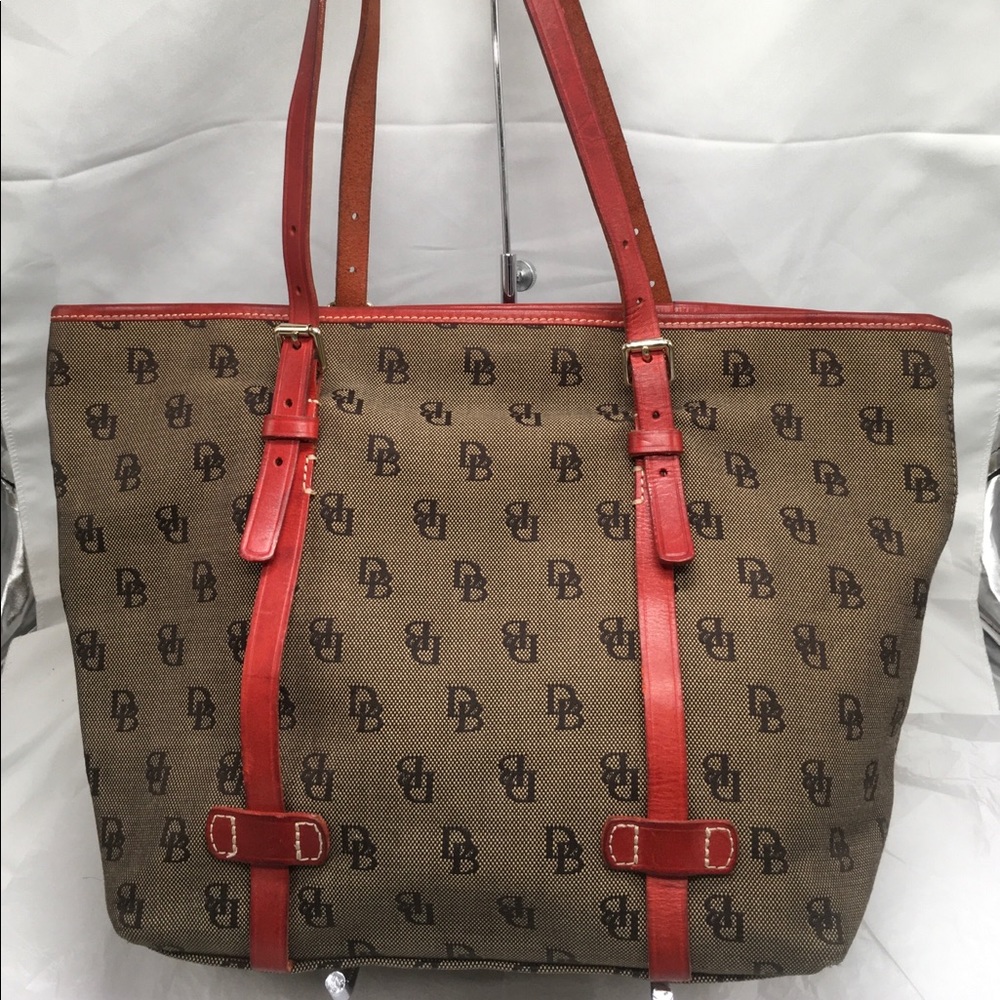 Dooney Bourke Vintage DB Logo Canvas Leather Trim Tote Bag USA